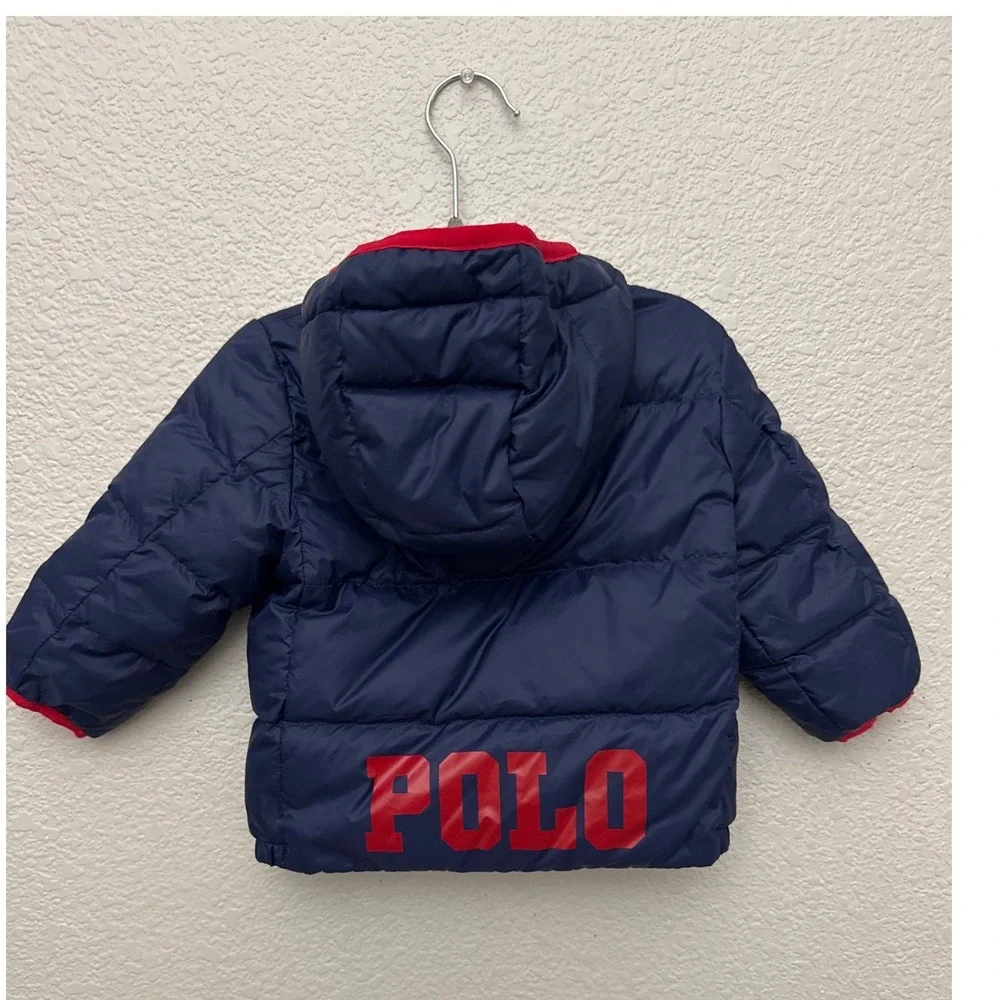 Ralph Lauren Navy Blue Down Puffer Hooded Jacket Size 12 Months Packable Bag